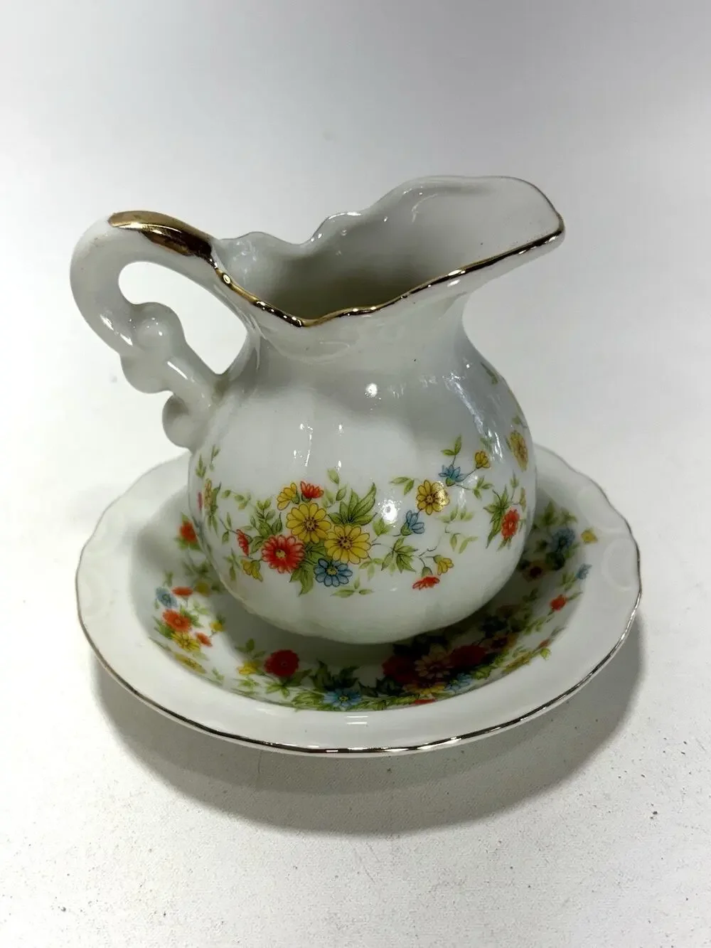 Vintage Lefton China Creamer w Saucer Hand Painted Floral Gold